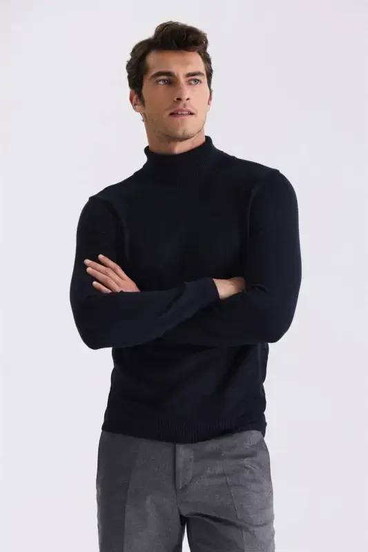 Navy Slim Fit Full Turtleneck Patterned Knit Sweater - JAKAMEN