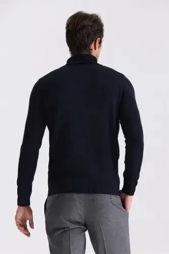 Navy Slim Fit Full Turtleneck Patterned Knit Sweater - 4