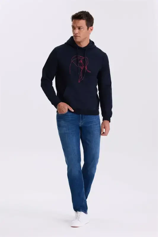 Navy Slim Fit Hooded Printed 100% Cotton Sweatshirt - JAKAMEN