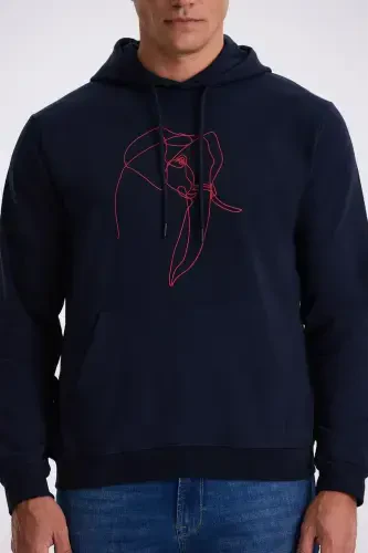 Navy Slim Fit Hooded Printed 100% Cotton Sweatshirt - 3