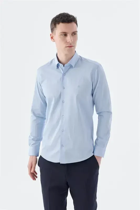 Navy Slim Fit Italian Collar Long Sleeve Classic Dress Shirt 100% Cotton Satin - 1