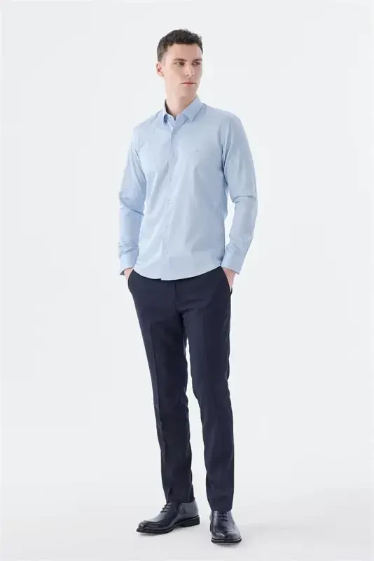 Navy Slim Fit Italian Collar Long Sleeve Classic Dress Shirt 100% Cotton Satin - 2