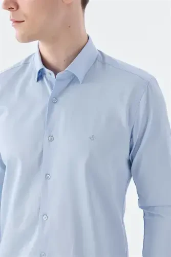 Navy Slim Fit Italian Collar Long Sleeve Classic Dress Shirt 100% Cotton Satin - 3