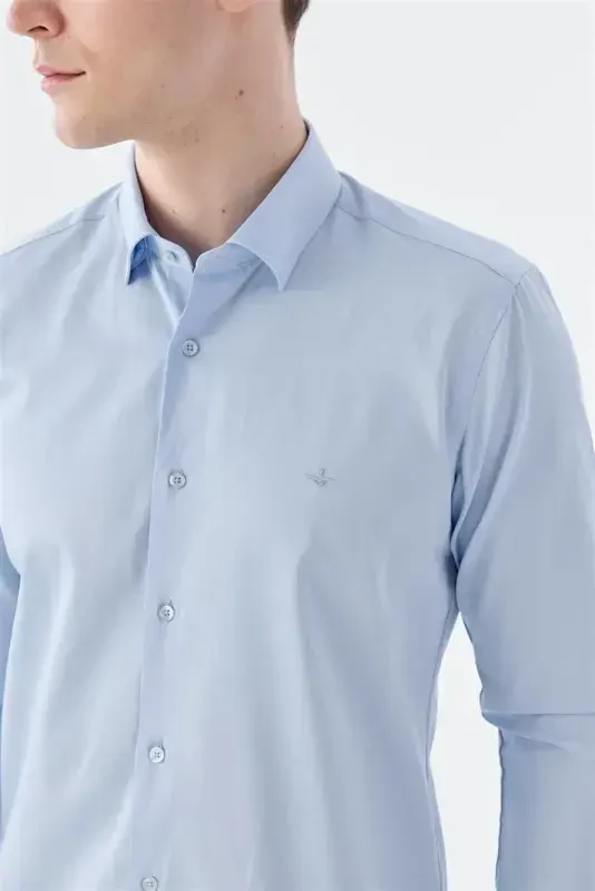 Navy Slim Fit Italian Collar Long Sleeve Classic Dress Shirt 100% Cotton Satin - 3