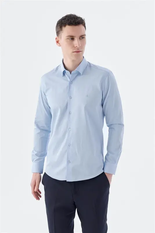 Navy Slim Fit Italian Collar Long Sleeve Classic Dress Shirt 100% Cotton Satin - 1