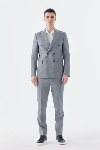 Navy Slim Fit Linen Blend Blazer Suit - 1