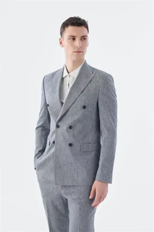 Navy Slim Fit Linen Blend Blazer Suit - 2