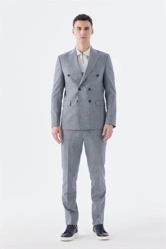 Navy Slim Fit Linen Blend Blazer Suit - 1