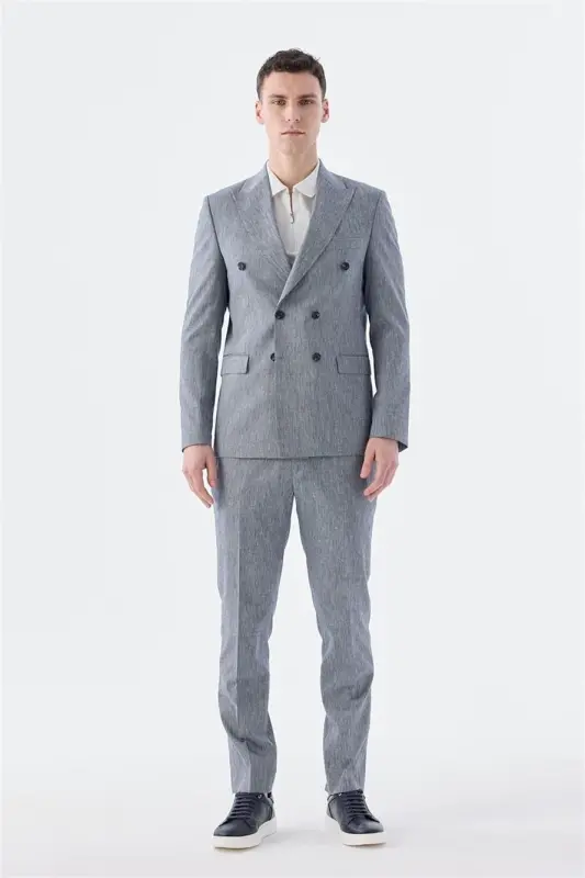 Navy Slim Fit Linen Blend Blazer Suit - JAKAMEN