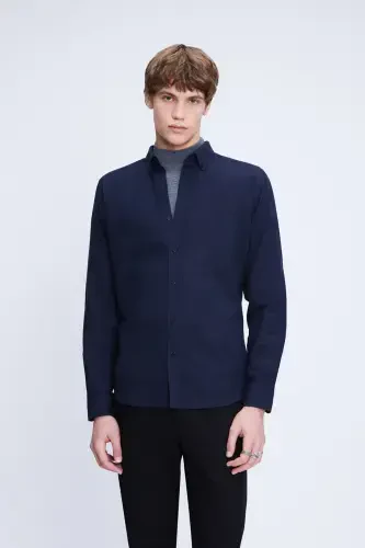 Navy Slim Fit Long Sleeve Button-Down Collar Flannel Shirt-Navy - HATEMOĞLU (1)