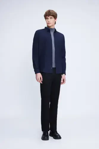 Navy Slim Fit Long Sleeve Button-Down Collar Flannel Shirt-Navy - 3