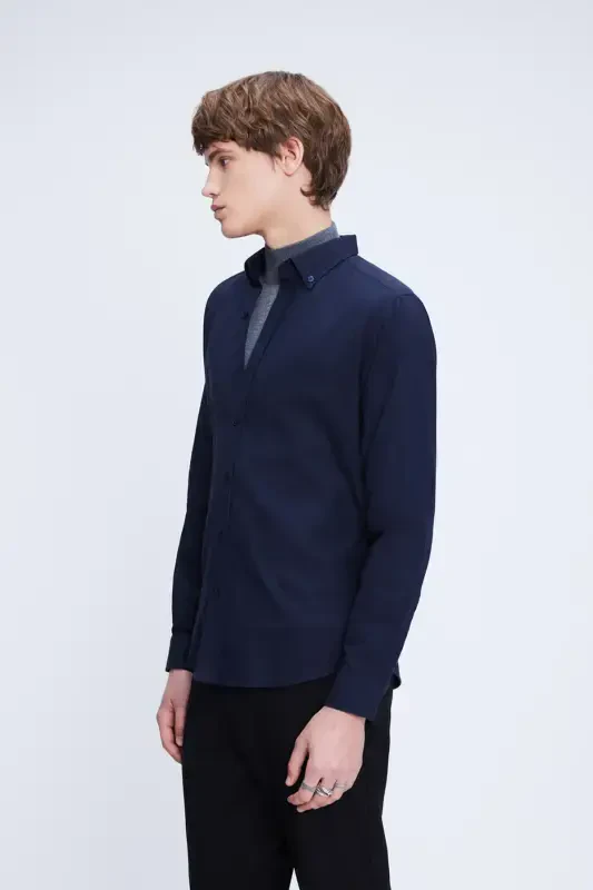 Navy Slim Fit Long Sleeve Button-Down Collar Flannel Shirt-Navy - 4