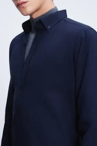 Navy Slim Fit Long Sleeve Button-Down Collar Flannel Shirt-Navy - 5