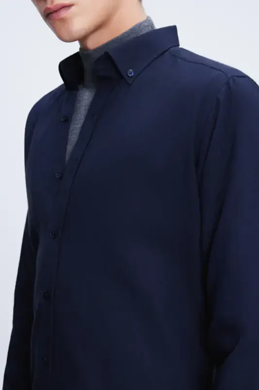 Navy Slim Fit Long Sleeve Button-Down Collar Flannel Shirt-Navy - 5