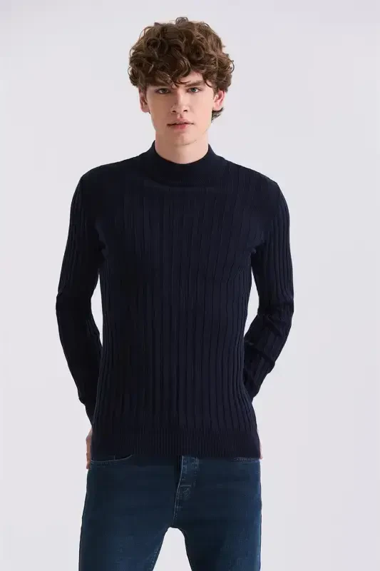 Navy Slim Fit Mock Neck Knit Pullover - 1