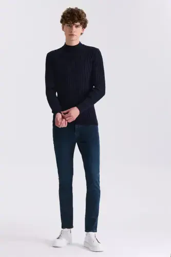 Navy Slim Fit Mock Neck Knit Pullover - JAKAMEN (1)