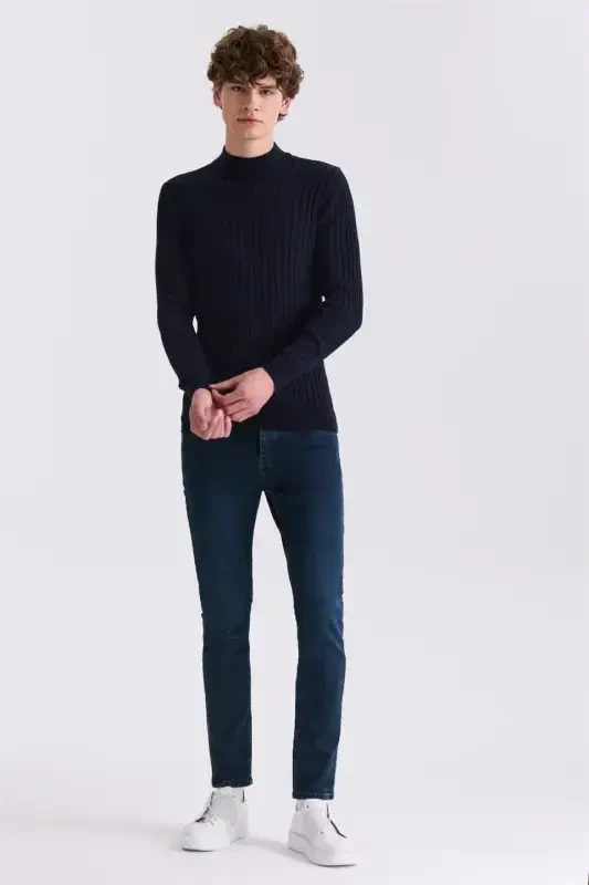 Navy Slim Fit Mock Neck Knit Pullover - 2