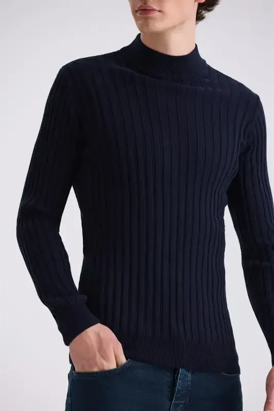Navy Slim Fit Mock Neck Knit Pullover - 3