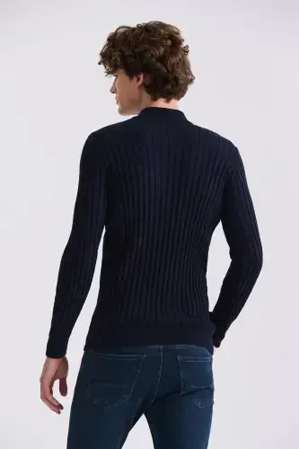 Navy Slim Fit Mock Neck Knit Pullover - 4