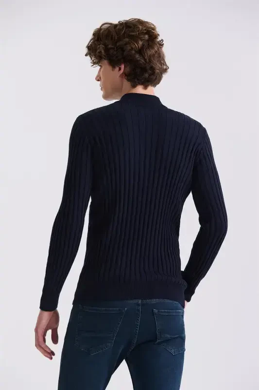 Navy Slim Fit Mock Neck Knit Pullover - 4