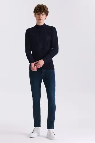 Navy Slim Fit Mock Neck Knit Pullover - JAKAMEN (1)