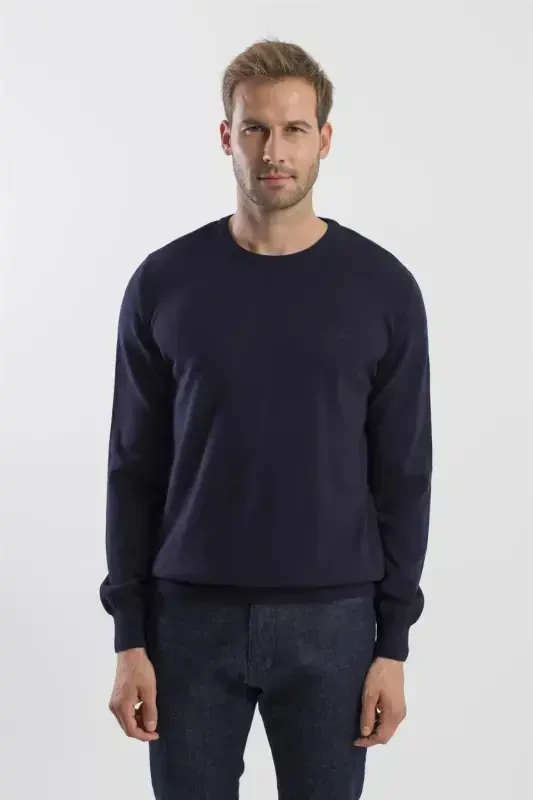 Navy Slim Fit Mock Neck Knitted Pullover - JAKAMEN