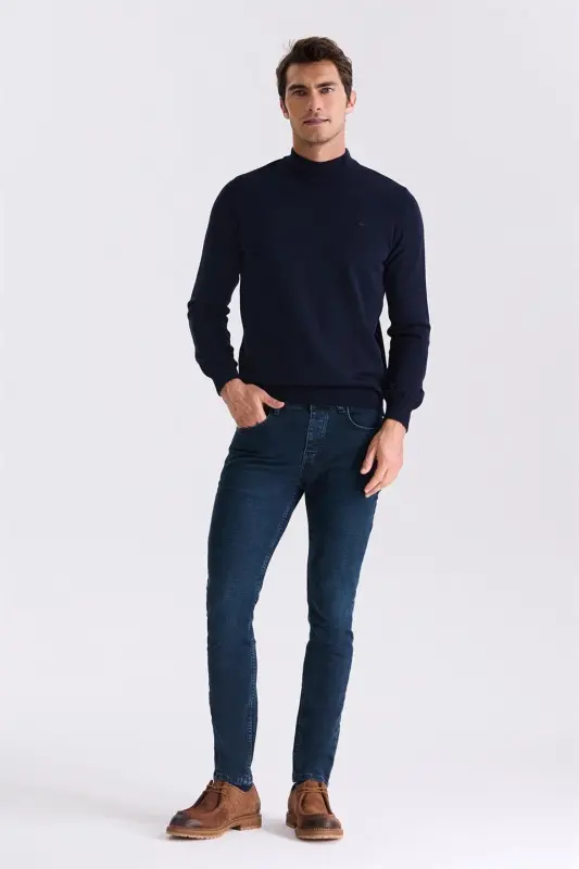 Navy Slim Fit Mock Neck Pullover - 2