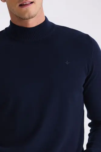 Navy Slim Fit Mock Neck Pullover - 3