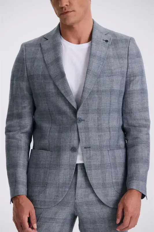 Navy Slim Fit Mono Collar Checked Patch Pocket 100% Linen Suit - 3