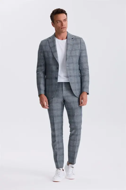Navy Slim Fit Mono Collar Checked Patch Pocket 100% Linen Suit - JAKAMEN