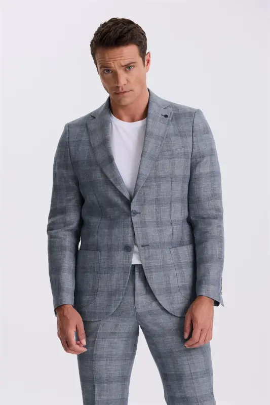Navy Slim Fit Mono Collar Checked Patch Pocket 100% Linen Suit - 2