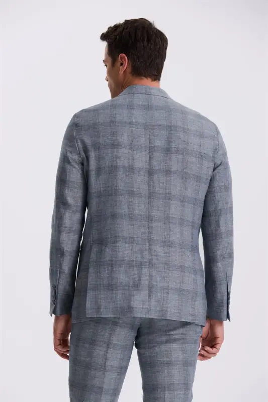 Navy Slim Fit Mono Collar Checked Patch Pocket 100% Linen Suit - 4