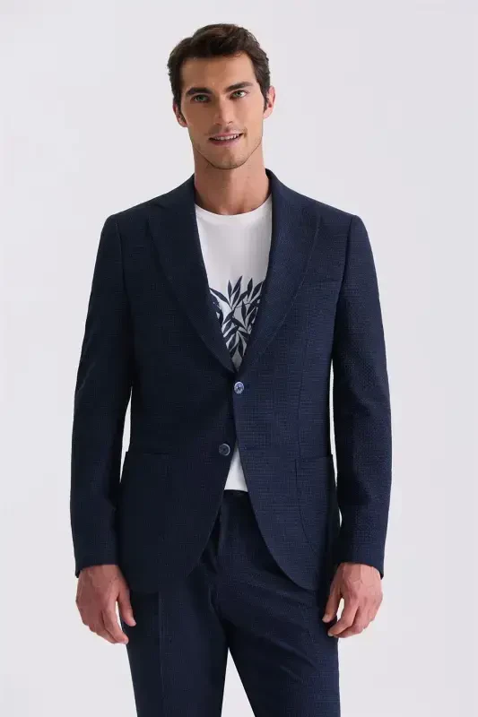 Navy Slim Fit Mono Collar Patterned Sport Suit - 2