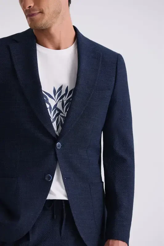 Navy Slim Fit Mono Collar Patterned Sport Suit - 3