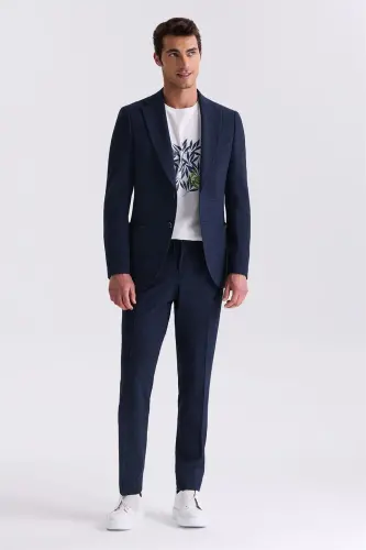 Navy Slim Fit Mono Collar Patterned Sport Suit - 1