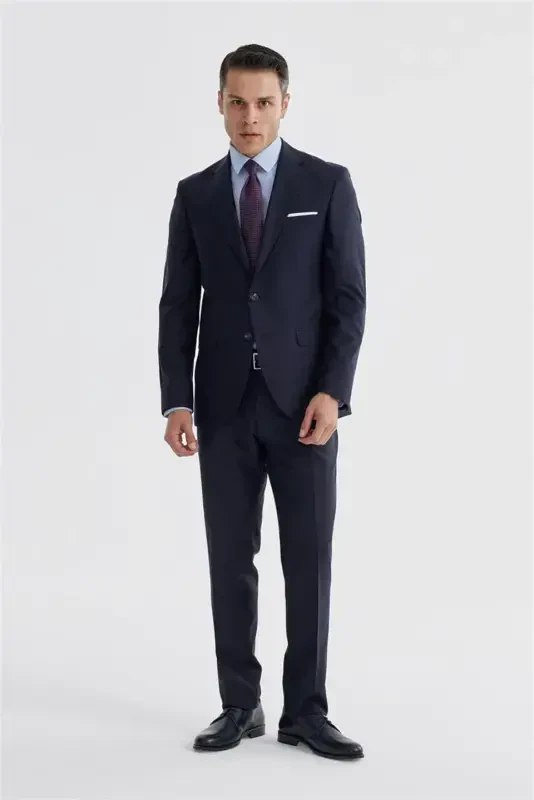 Navy Slim Fit Notch Collar Double Vent Flat Suit - JAKAMEN