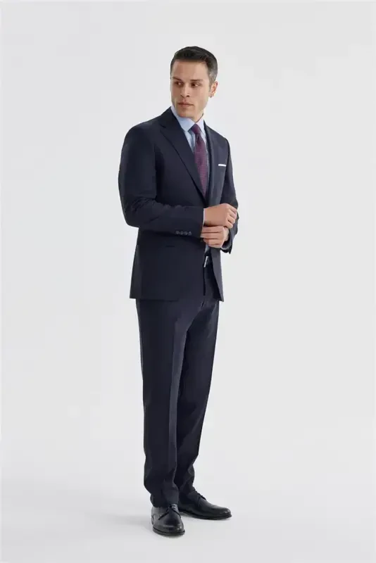 Navy Slim Fit Notch Collar Double Vent Flat Suit - 2