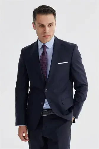 Navy Slim Fit Notch Collar Double Vent Flat Suit - 3