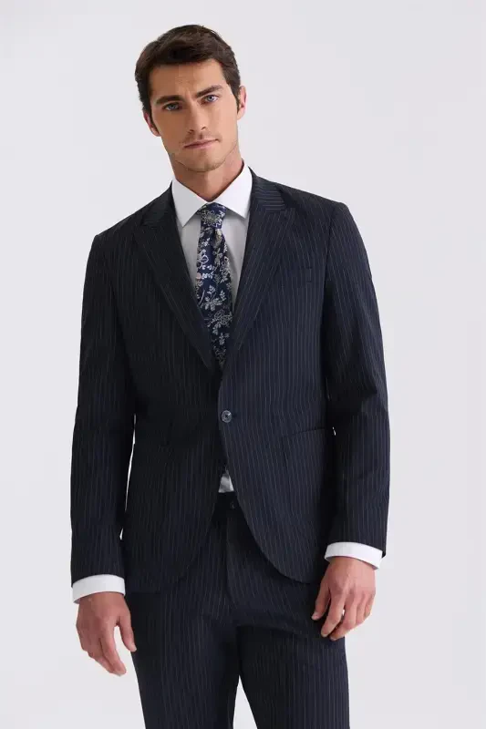 Navy Slim Fit Notch Lapel Stretch Pinstripe Jogger Suit - 2