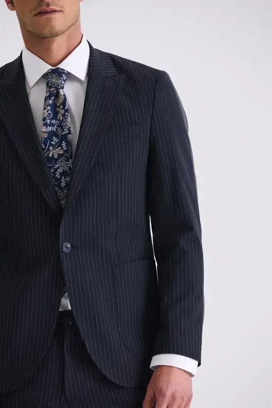 Navy Slim Fit Notch Lapel Stretch Pinstripe Jogger Suit - 3