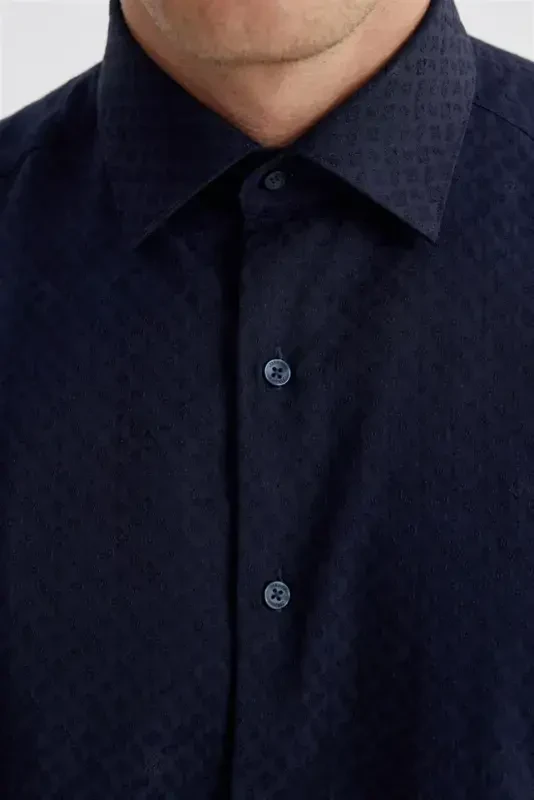 Navy Slim Fit Patterned Classic Tie-able Cotton Shirt - 3