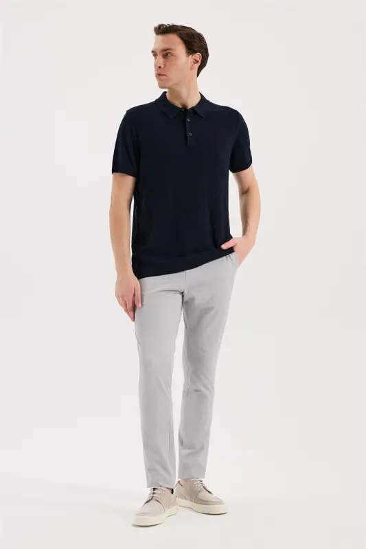 Navy Slim Fit Patterned Knit Polo Collar T-Shirt - 1