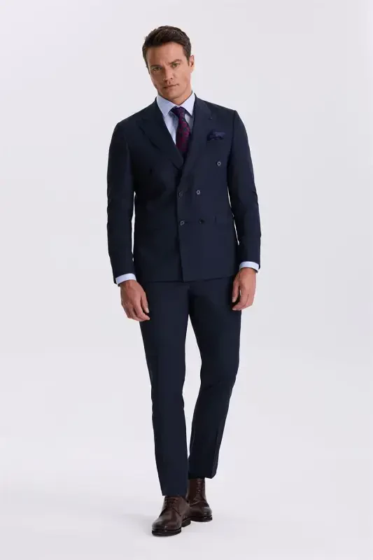 Navy Slim Fit Peak Lapel Double Breasted Wool Suit - JAKAMEN