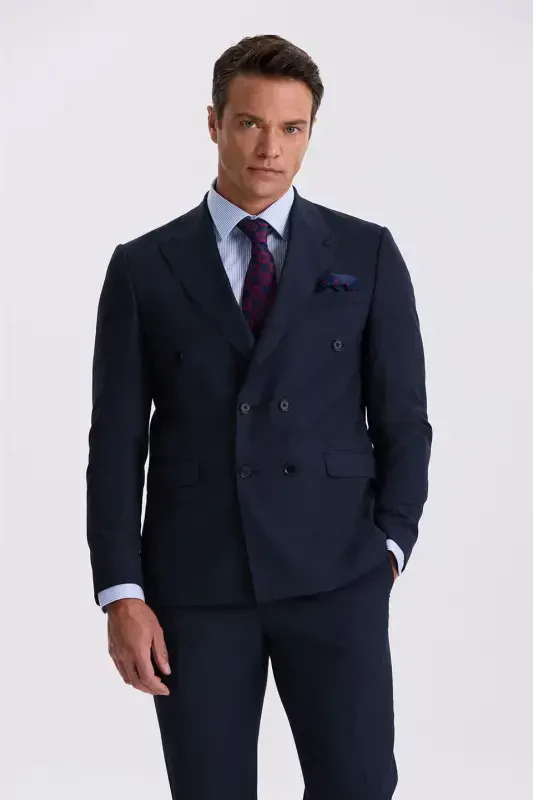 Navy Slim Fit Peak Lapel Double Breasted Wool Suit - 2