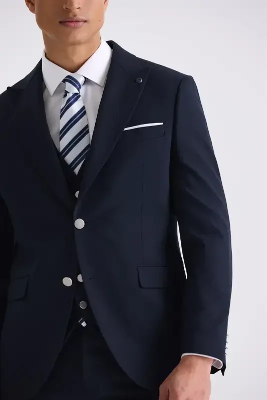 Navy Slim Fit Peak Lapel Vested Suit - 3