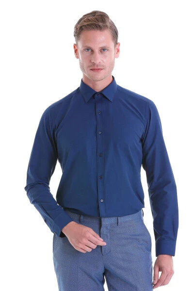 Navy Slim Fit Plain Cotton Slim Collar Long Sleeve - HATEMOĞLU