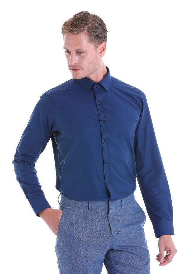 Navy Slim Fit Plain Cotton Slim Collar Long Sleeve - 2