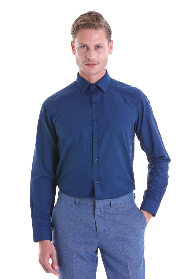 Navy Slim Fit Plain Cotton Slim Collar Long Sleeve - 3