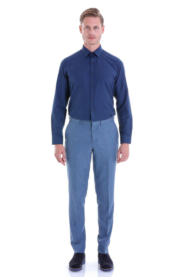 Navy Slim Fit Plain Cotton Slim Collar Long Sleeve - 4