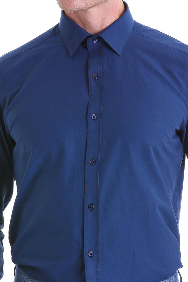 Navy Slim Fit Plain Cotton Slim Collar Long Sleeve - 5